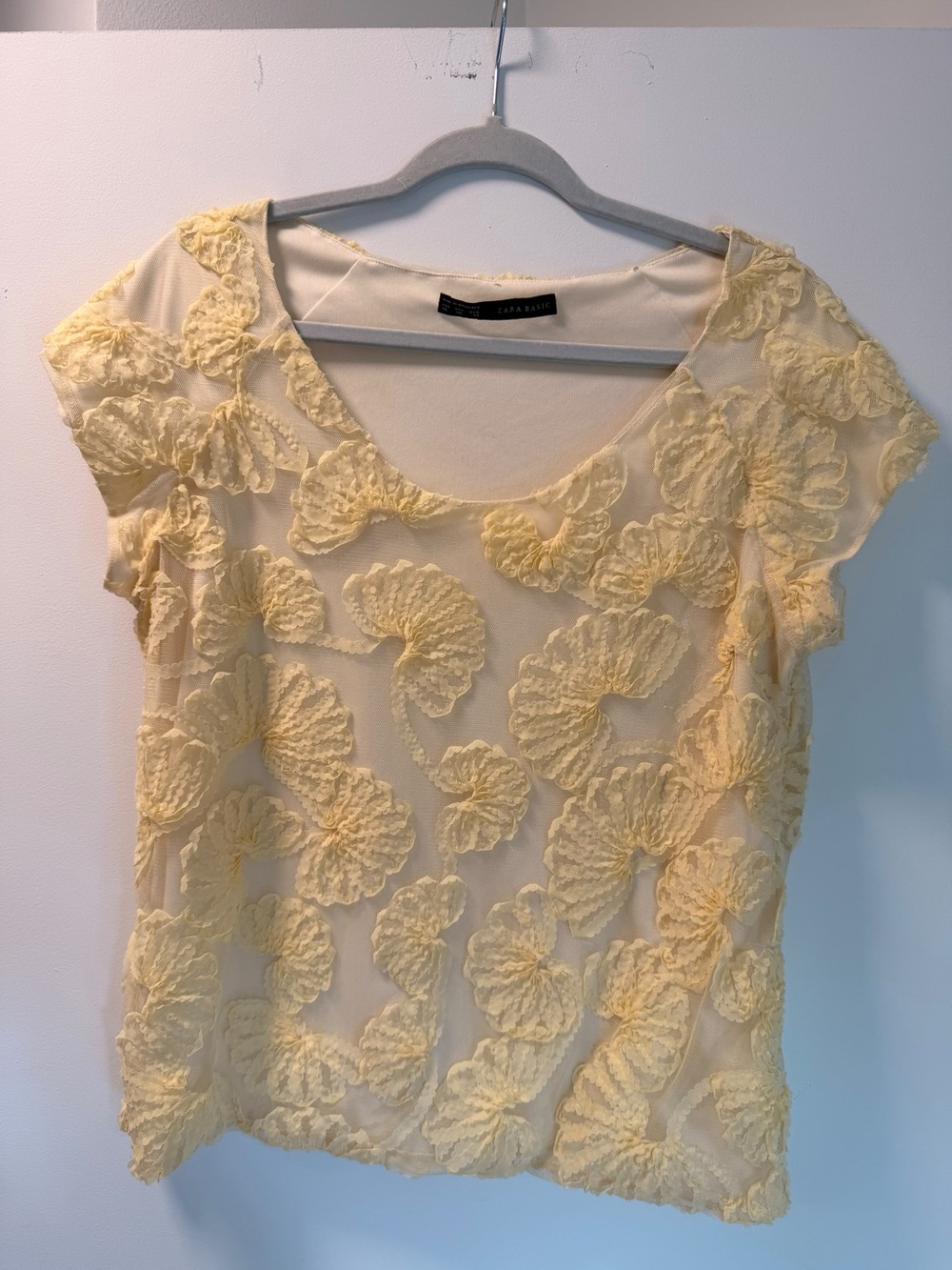 Zara Basics Yellow Floral Lace Short-Sleeve Top